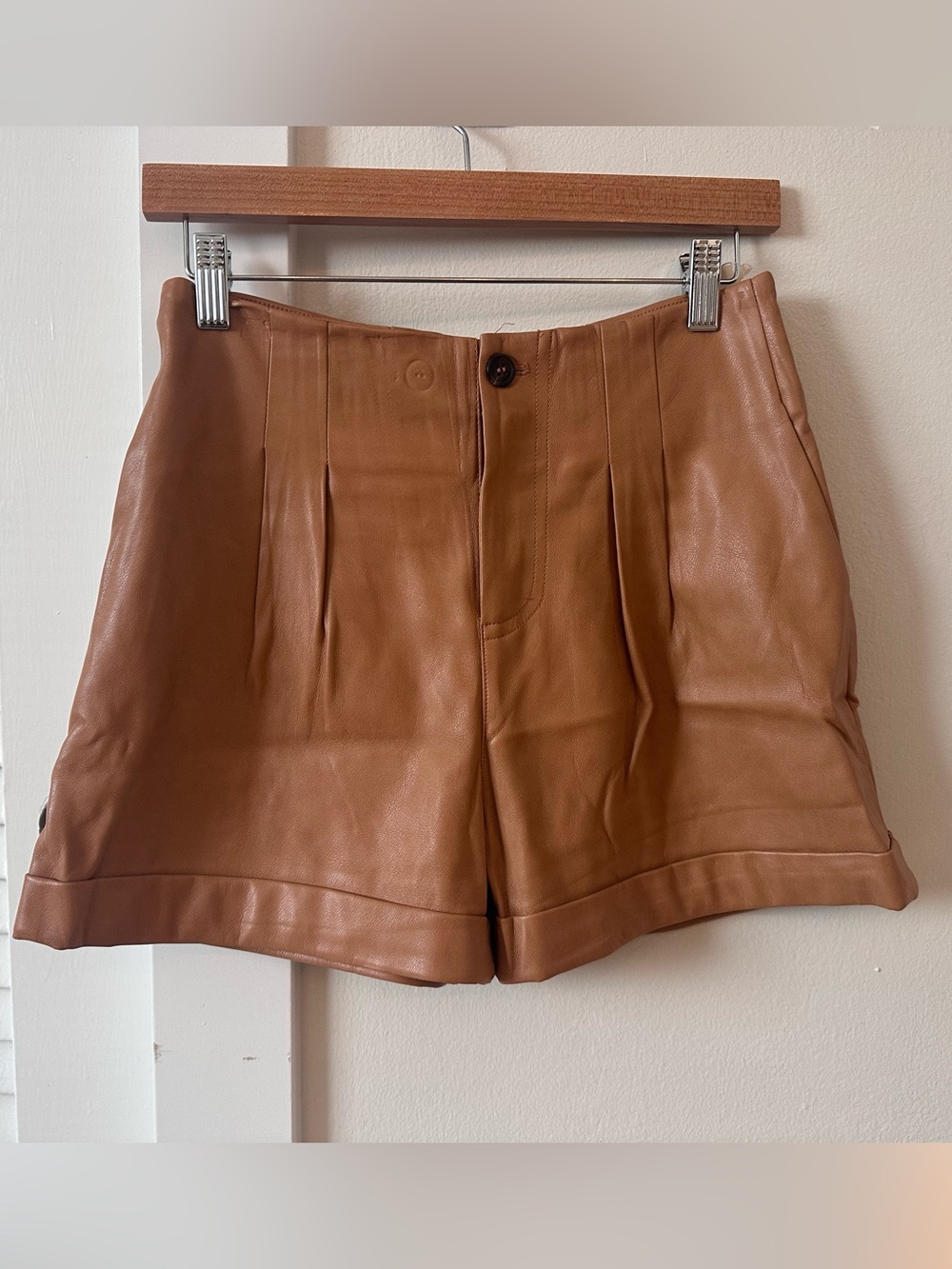 7 For All Mankind Tan High-Waist Faux Leather Shorts